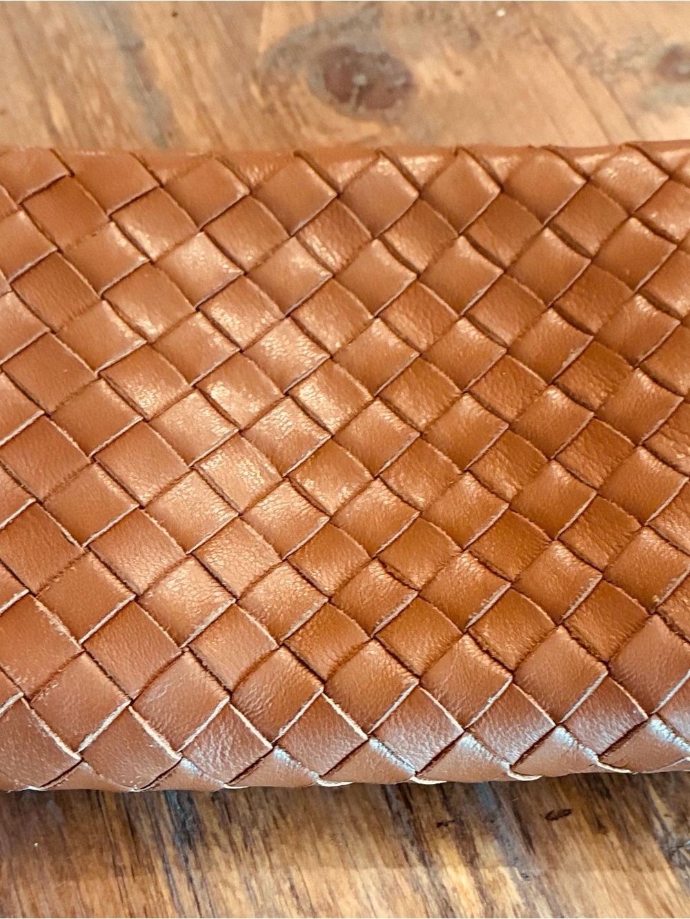 Hobo small Nila Woven Leather wallet zip around in Cognac Brown leather.